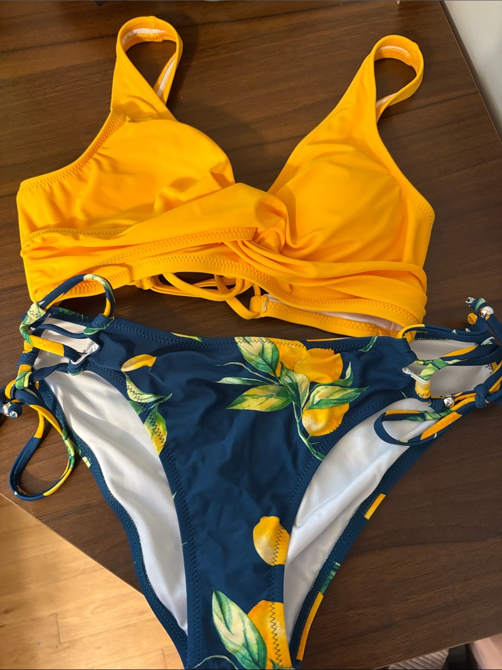 Cupshe Yellow Twist-Front Bikini Top with Navy Lemon Print Bottom
